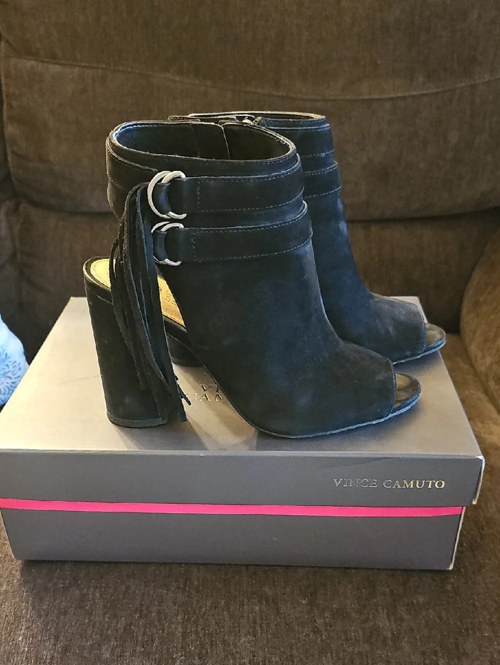 Vince Camuto Catinca Black Suede Peep-Toe Block Heel Sandals with Tassel Straps